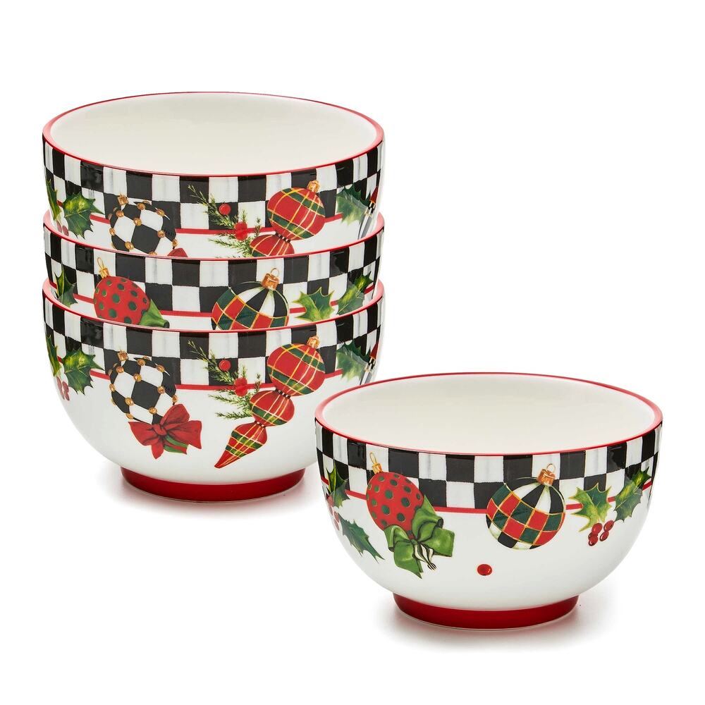 NEW Mackenzie Childs Deck the Halls Breakfast Bowls 5.5in Set of 4 Christmas